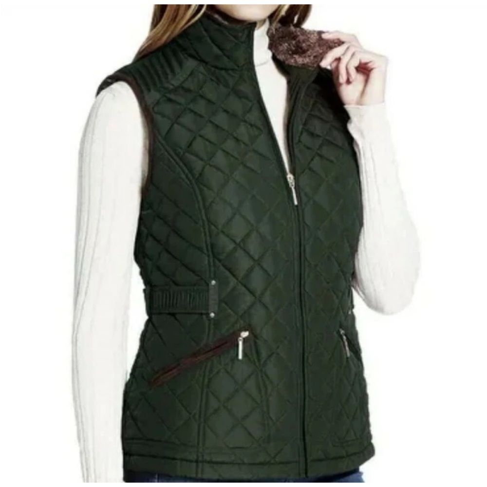 Weatherproof Olive Quilted Vest with Faux Fur Trim